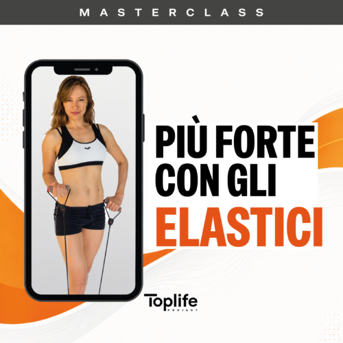 Woman in sportswear inside a smartphone frame, holding a jump rope, with bold Italian text and orange decorative shapes in the background.