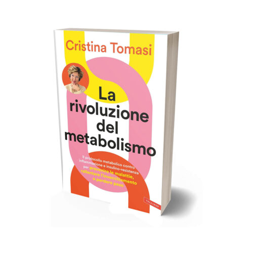 Book cover: 'La rivoluzione del metabolismo' by Cristina Tomasi, featuring bright yellow and pink abstract shapes and a small author photo circle.