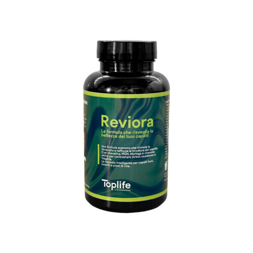 Dark bottle with black screw cap and green label reading 'Reviora' (Toplife brand); hair/beauty product container.