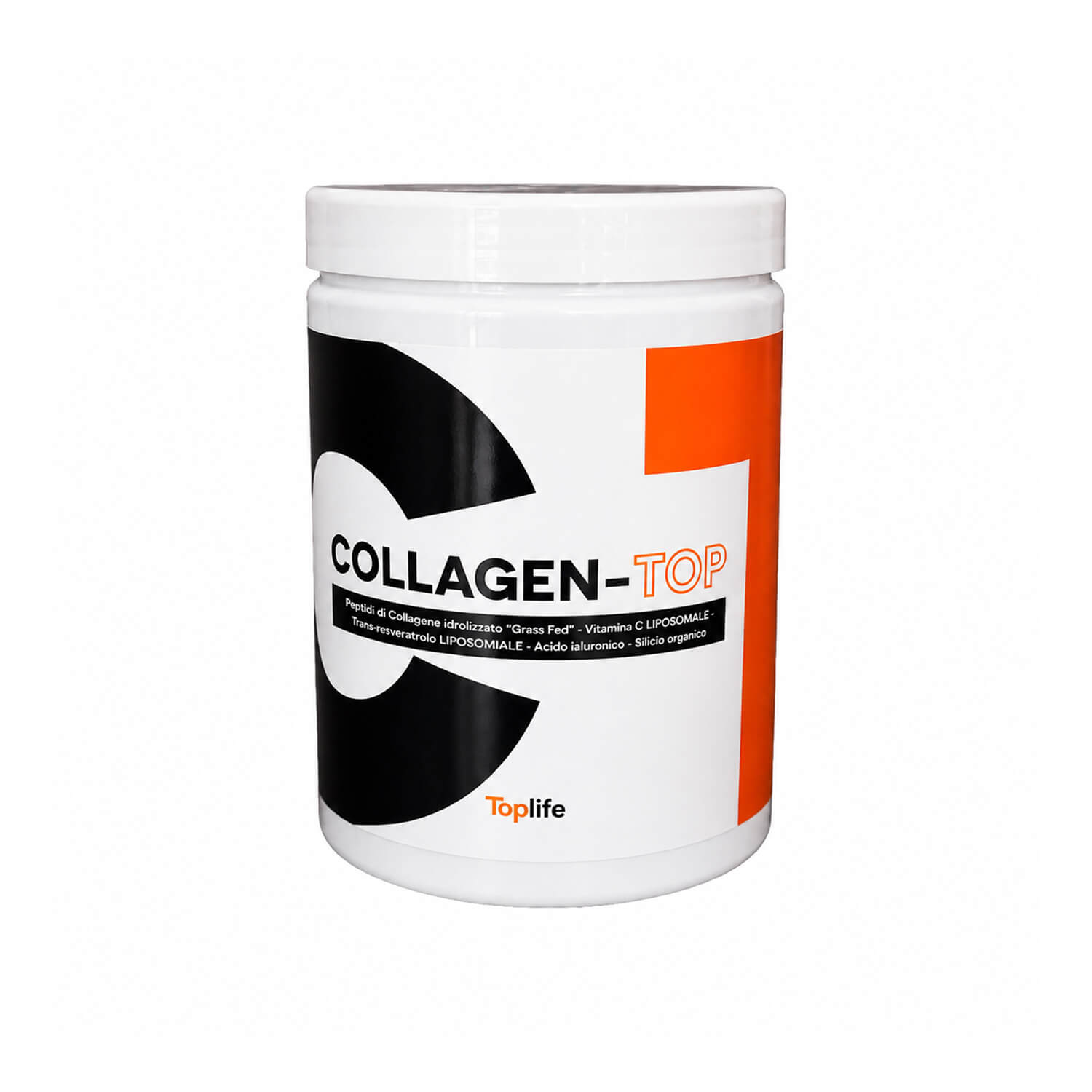 White collagen supplement bottle labeled 'COLLAGEN-TOP' with orange accents on a white background