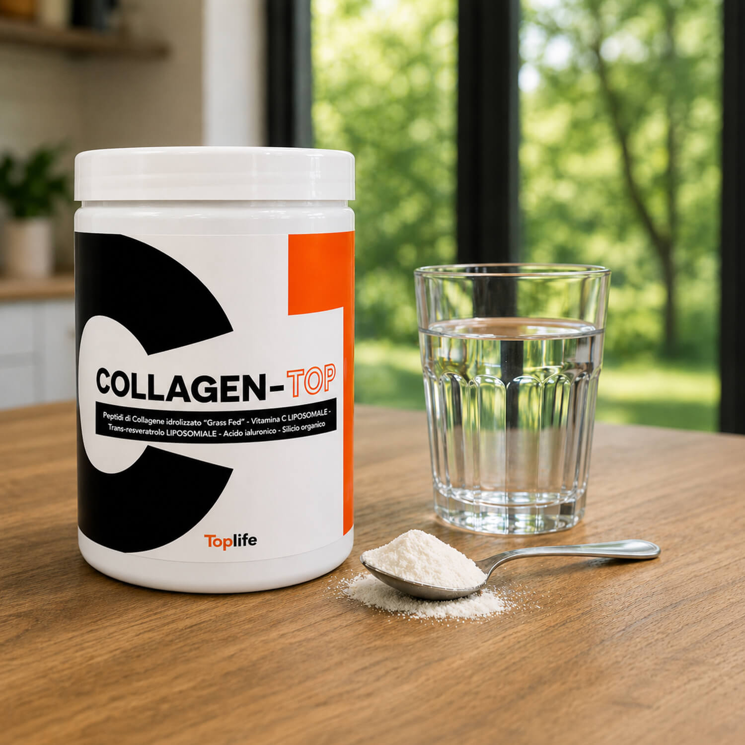 White Collagen-Top supplement container on a wooden table beside a glass of water; a scoop of powder sits in front with a small mound of powder and a spoon nearby, kitchen setting with a leafy view through a window in the background.