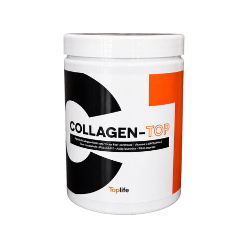 White plastic supplement jar labeled COLLAGEN-TOP with black and orange geometric design, Toplife brand visible on the label