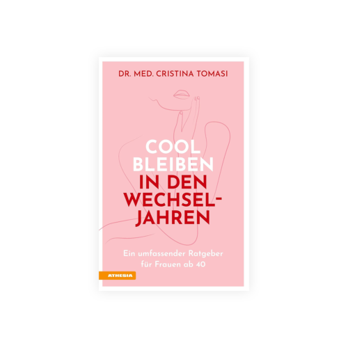 Book cover for 'Cool bleiben in den Wechseljahren' by Dr. Cristina Tomasi, pink with abstract line art, guide for women over 40.
