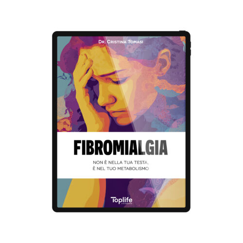 Tablet displaying a colorful book cover about fibromyalgia by Dr. Cristina Tomasi, with the title 'FIBROMIALGIA' in bold letters and Italian subtitle.