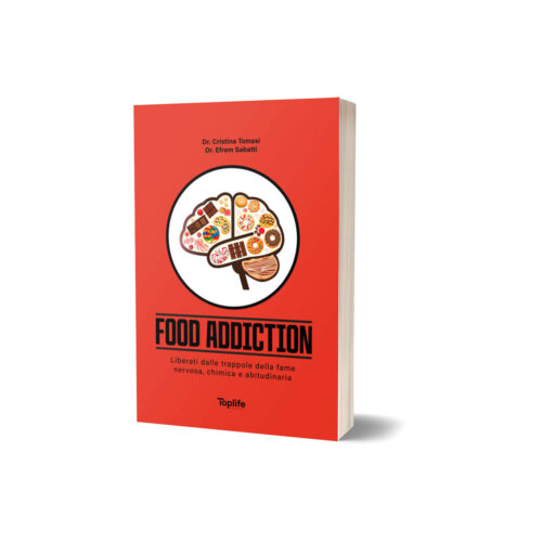 Red book cover titled 'FOOD ADDICTION' with a cartoon brain filled with sweets; subtitle and author names above the image.