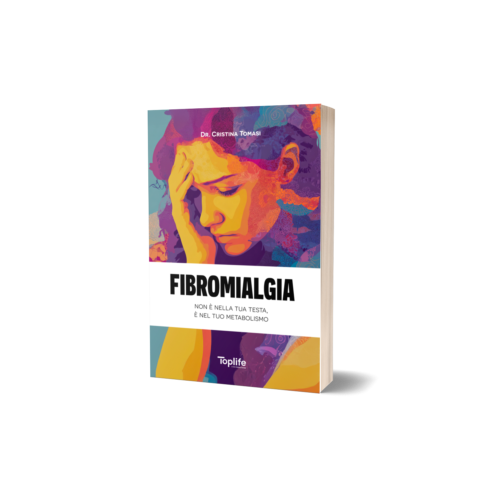 Colorful book cover titled 'Fibromialgia' featuring a sad, stressed person holding their head, author Dr. Cristina Tomasi