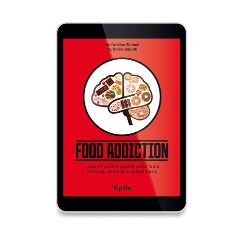 Tablet screen showing a red book cover titled FOOD ADDICTION with a brain-shaped collage of chocolates and snacks inside a white circular outline on red background.