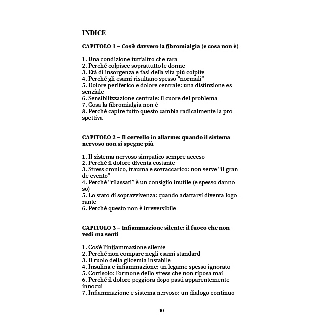 Table of contents in Italian: Capitolo 1 Cos'è la fibromialgia, Capitolo 2 Il cervello in allarme, Capitolo 3 Infiammazione silente, with subtopics listed beneath each chapter.