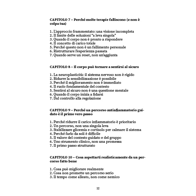 Contents page in Italian listing Capitolo 7–10 with their subpoints and a page number 12 at the bottom.