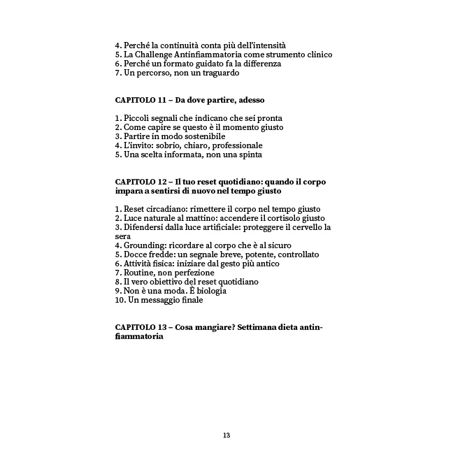 Page from a book listing Italian chapters and bullet points: CAPITOLO 11 Da dove partire, adesso; CAPITOLO 12 Il tuo reset quotidiano…; CAPITOLO 13 Cosa mangiare? Settimana dieta antinfiammatoria; page 13.