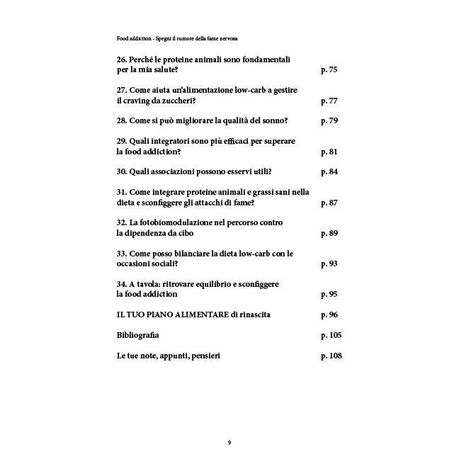 Table of contents page in Italian listing sections 26–34 with titles and page numbers, e.g., 'Perché le proteine animali sono fondamentali per la mia salute?' p.75 and 'IL TUO PIANO ALIMENTARE' p.96.