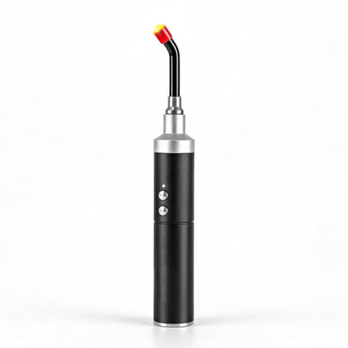 Black vape pen standing upright with silver connector and a red-tipped mouthpiece on white background, device-focused.