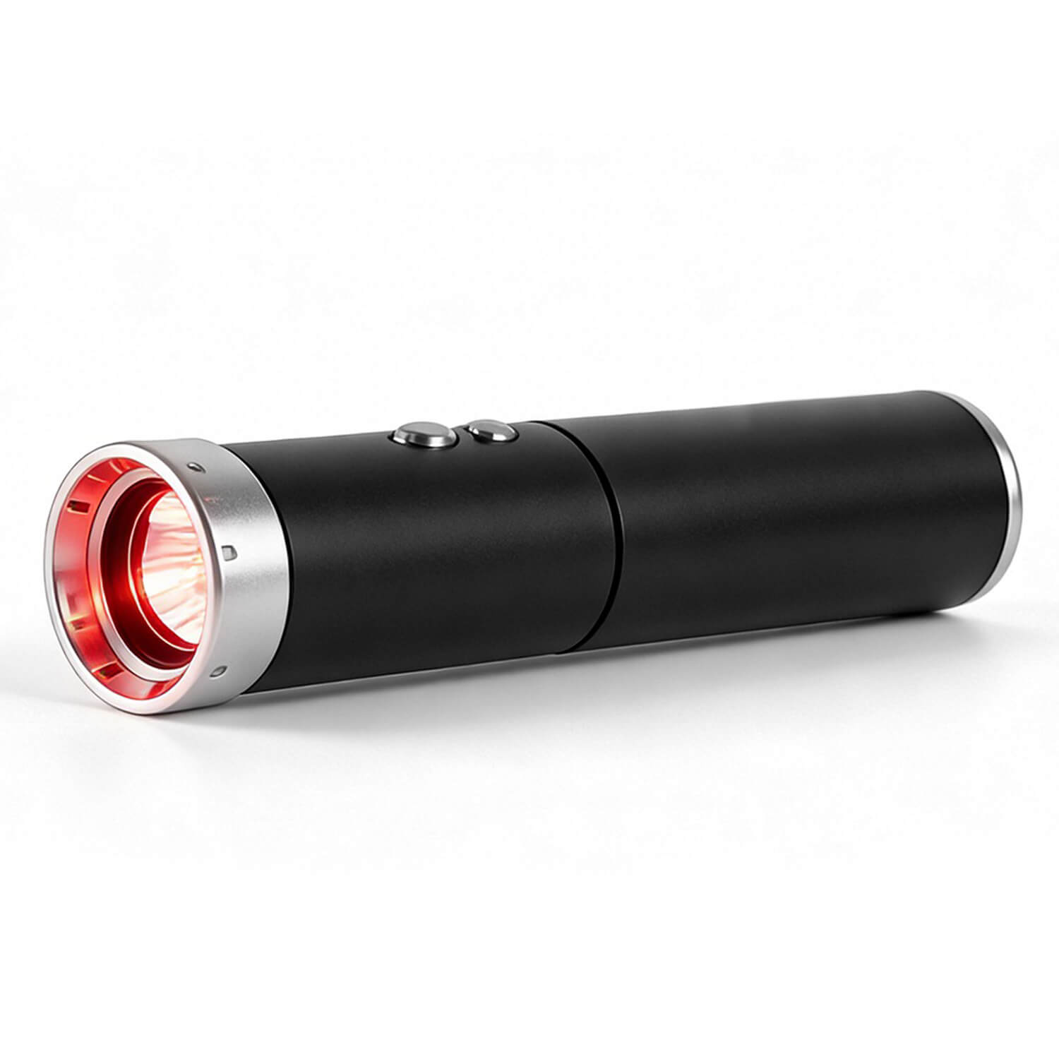 Compact black handheld flashlight with silver ring at the head, emitting a red light on a white surface