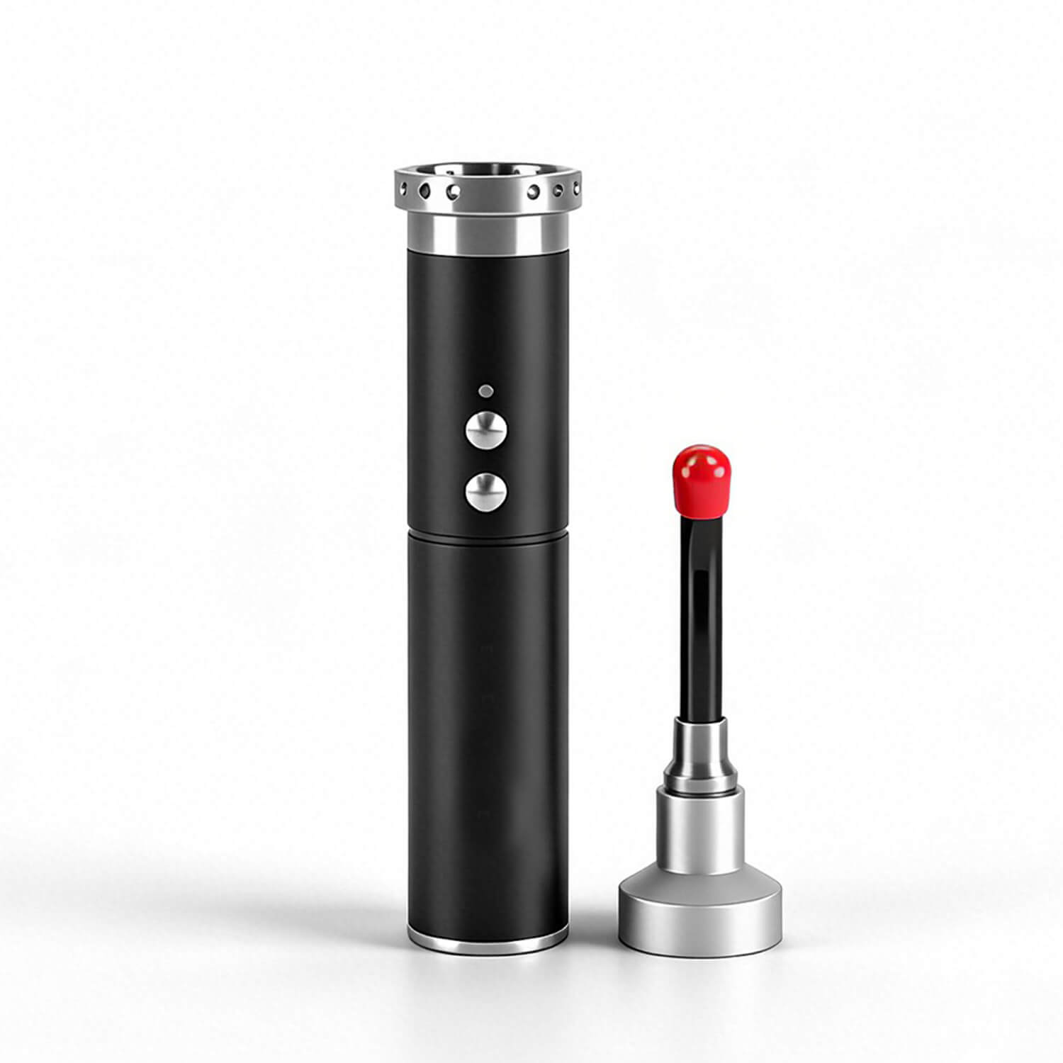 Tall black cylindrical device with silver accents and two control dials beside a lipstick-style tool with a red tip on a white background.