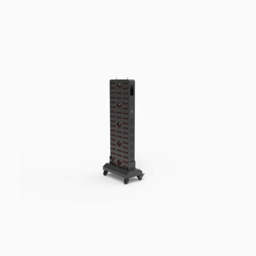 Tall gray modular rack on a wheeled cart with rows of red circular components.