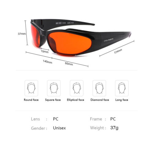 Black wraparound sunglasses with orange lenses, showing dimensions (140mm, 65mm, 37mm) and five face-shape icons: Round, Square, Elliptical, Diamond, Long.] ,
