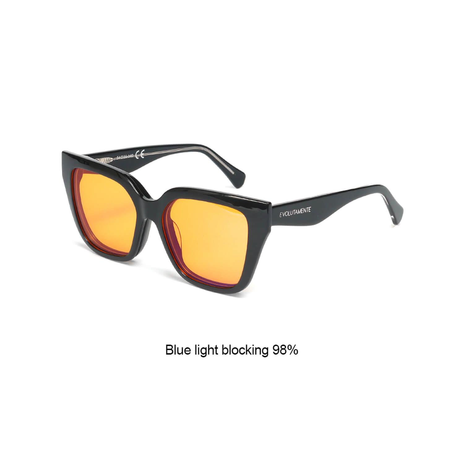 Black square-frame sunglasses with orange mirrored lenses; caption reads 'Blue light blocking 98%'