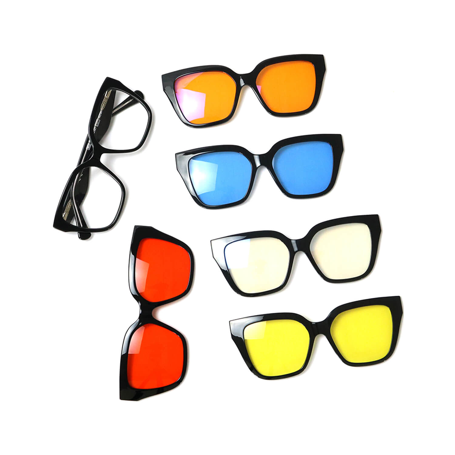 Assorted sunglasses with colorful mirrored lenses scattered on a white background