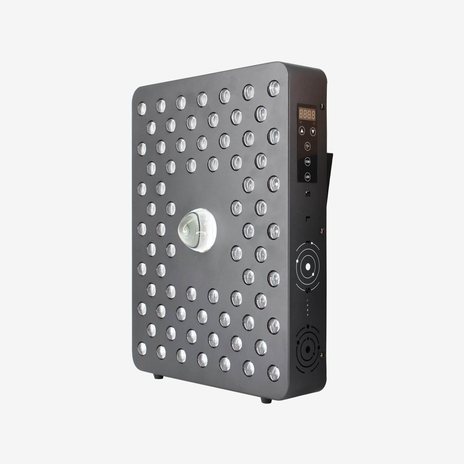 Gray LED panel with many round bulbs and a side digital control display