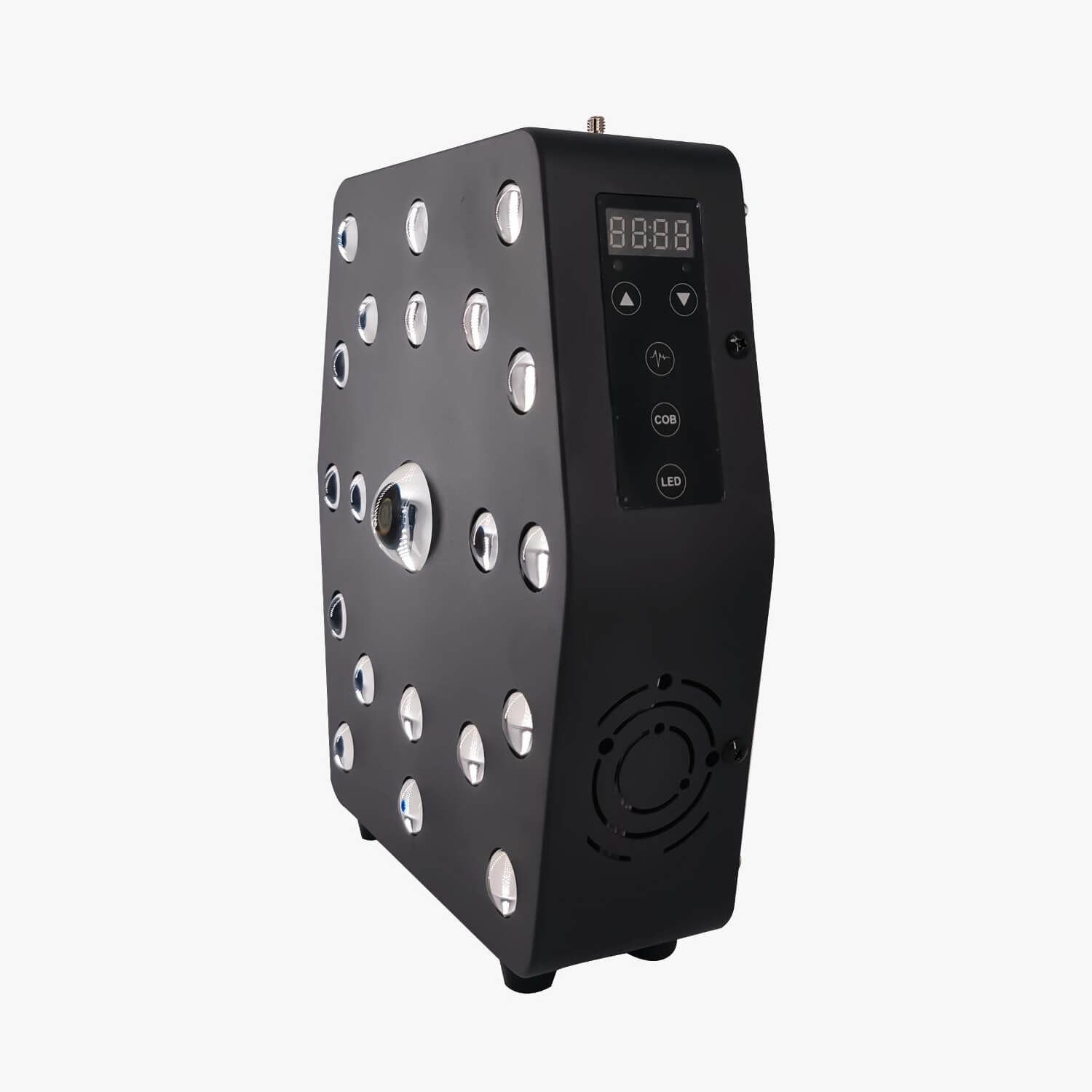 Black industrial device with a digital readout and circular metal ports along the side, standing on small feet; front panel shows control buttons and a vent.
