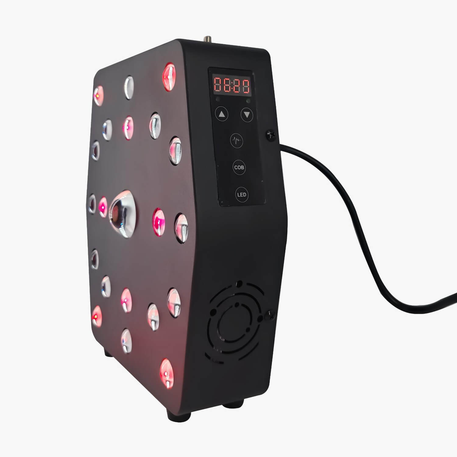 Black electronic device with a front control panel showing a red numeric display and round buttons; perforated side lit by red LEDs on the left side.
