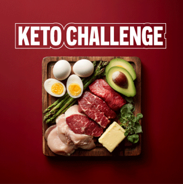 Keto Challenge logo above a wooden board with eggs, avocado, meat, greens and butter on a red background.