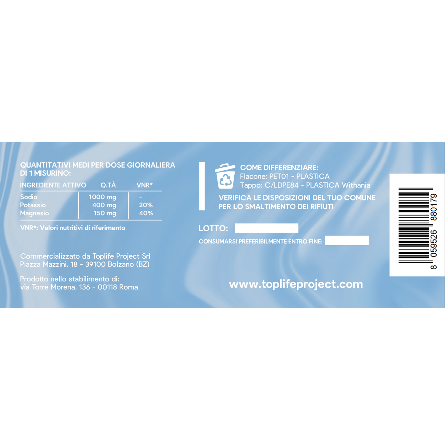 Blue product label with white text detailing active ingredients, dosing, and recycling instructions, plus a barcode on the right and the URL www toplifeproject com at the bottom.
