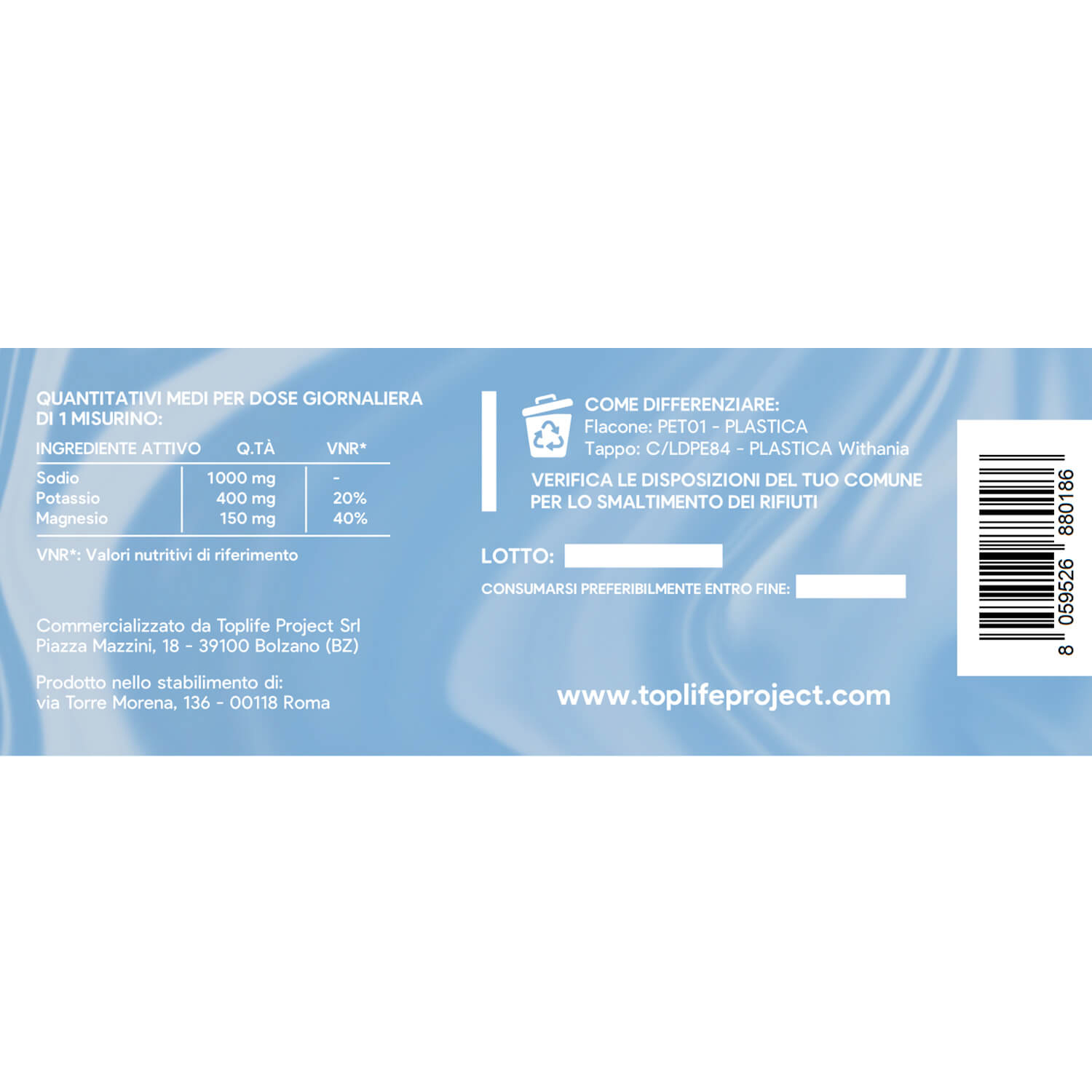 Blue product label with an Italian dosage table, a barcode on the right, and the website www.toplifeproject.com.