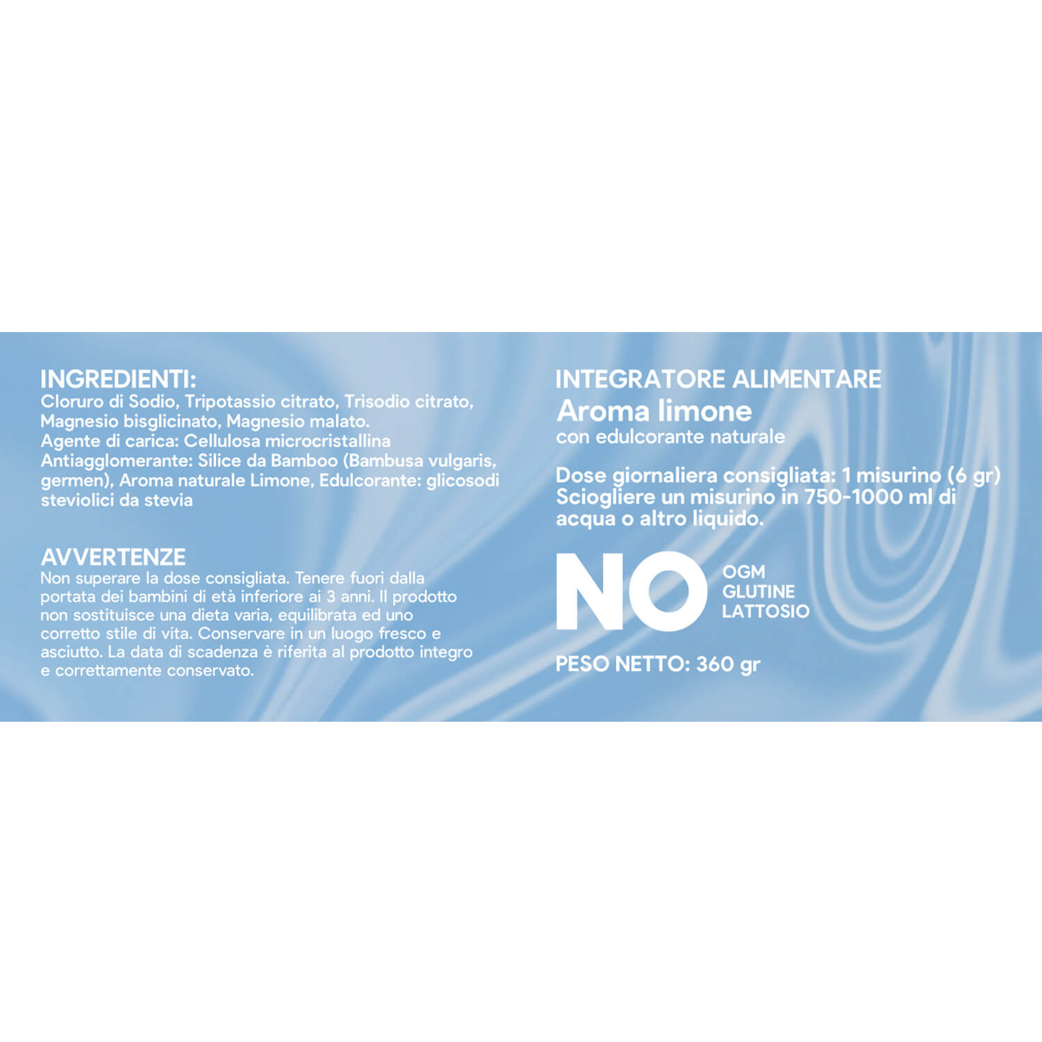 Product label in Italian: lists ingredients, warnings, and lemon flavor; features a bold 'NO' with gluten, lactose, and GMO icons and 360 g net weight on a blue background.