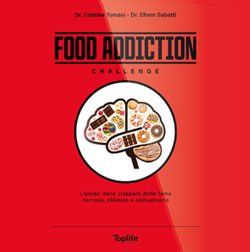 Book cover for 'Food Addiction Challenge' with a red gradient background and a circular brain-shaped plate of foods illustration, subtitle in Italian, publisher Toplife at bottom.