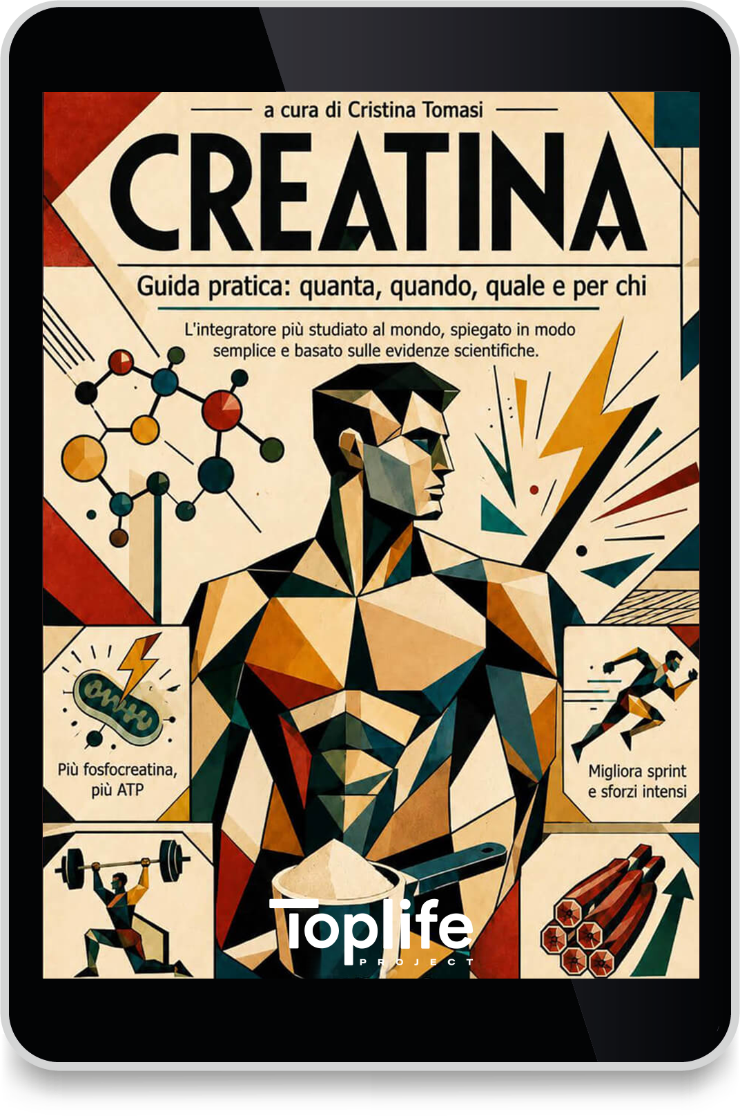 Infographic poster about creatine titled CREATINA, featuring a geometric muscular figure and science icons and diagrams.