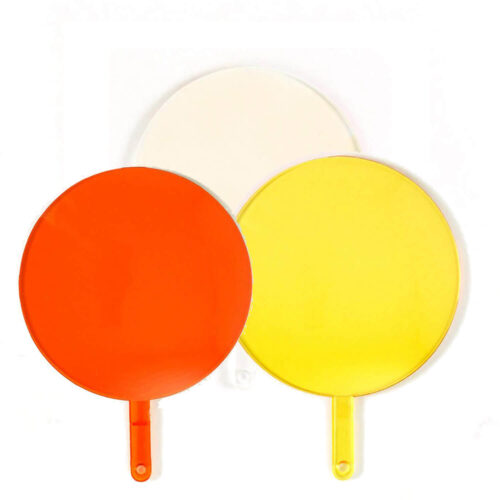 Two overlapping round color paddles—orange/red on the left and yellow on the right—each with a matching colored handle against a white background.