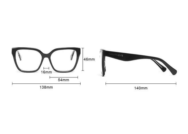 mariposa_red-therapy_dettagli Eyeglasses shown with measurements: overall width 138mm, lens width 54mm, lens height 46mm, temple length 140mm, bridge 16mm.