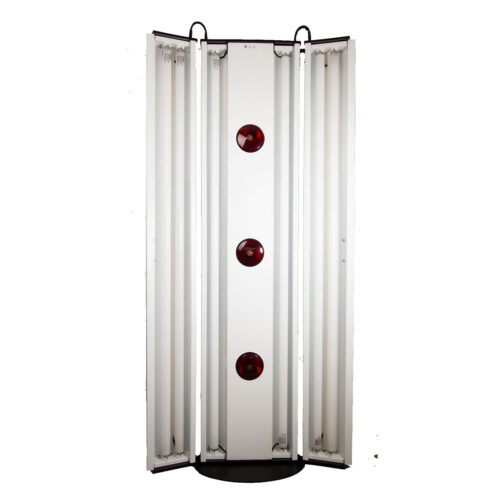Vertical tanning bed with multiple fluorescent UV tubes and red circular controls on the front panel?