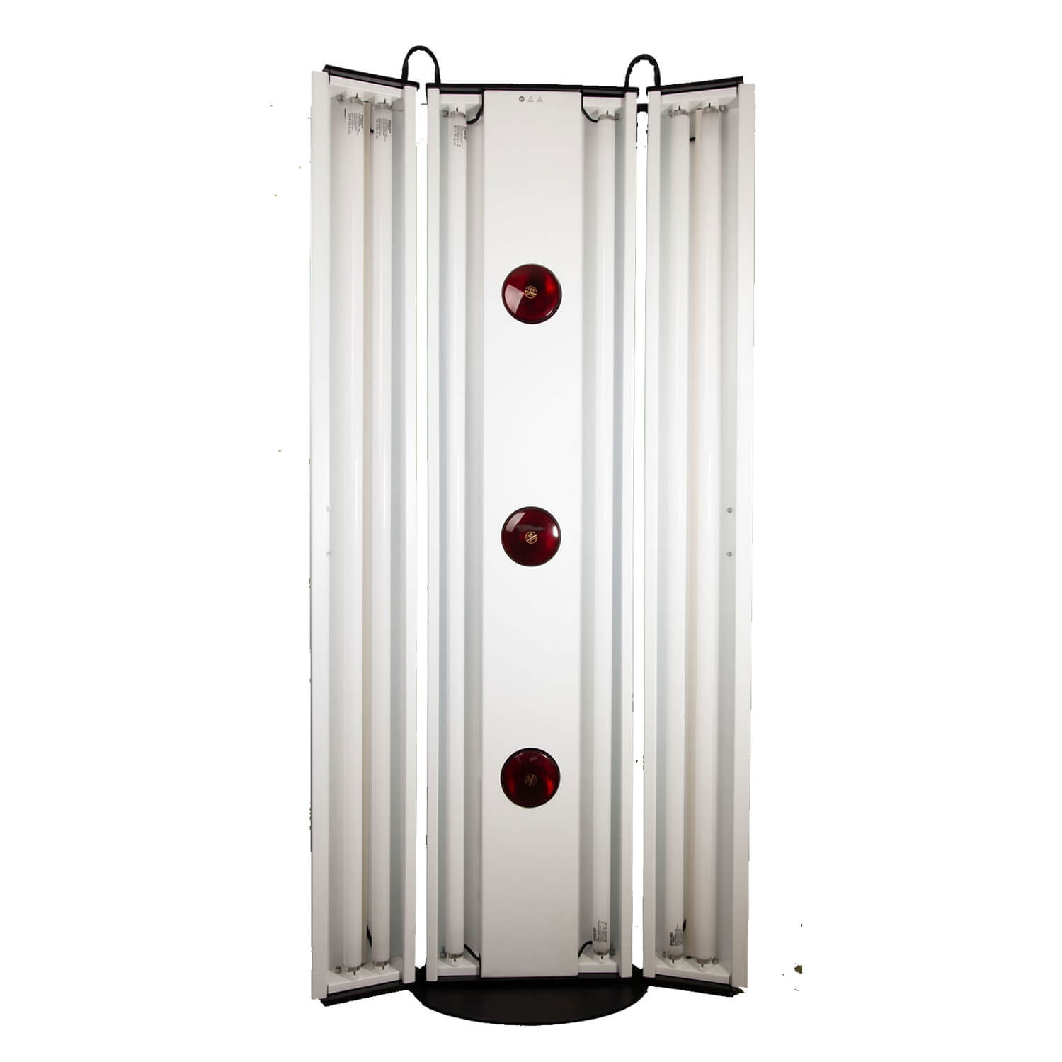 Vertical tanning bed with multiple fluorescent UV tubes and red circular controls on the front panel?