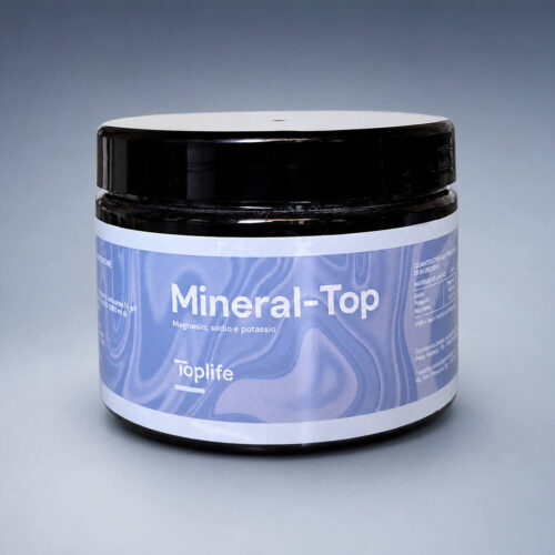 Dark plastic jar with a white lid, labeled Mineral-Top by Toplife, a dietary supplement container with a blue label.
