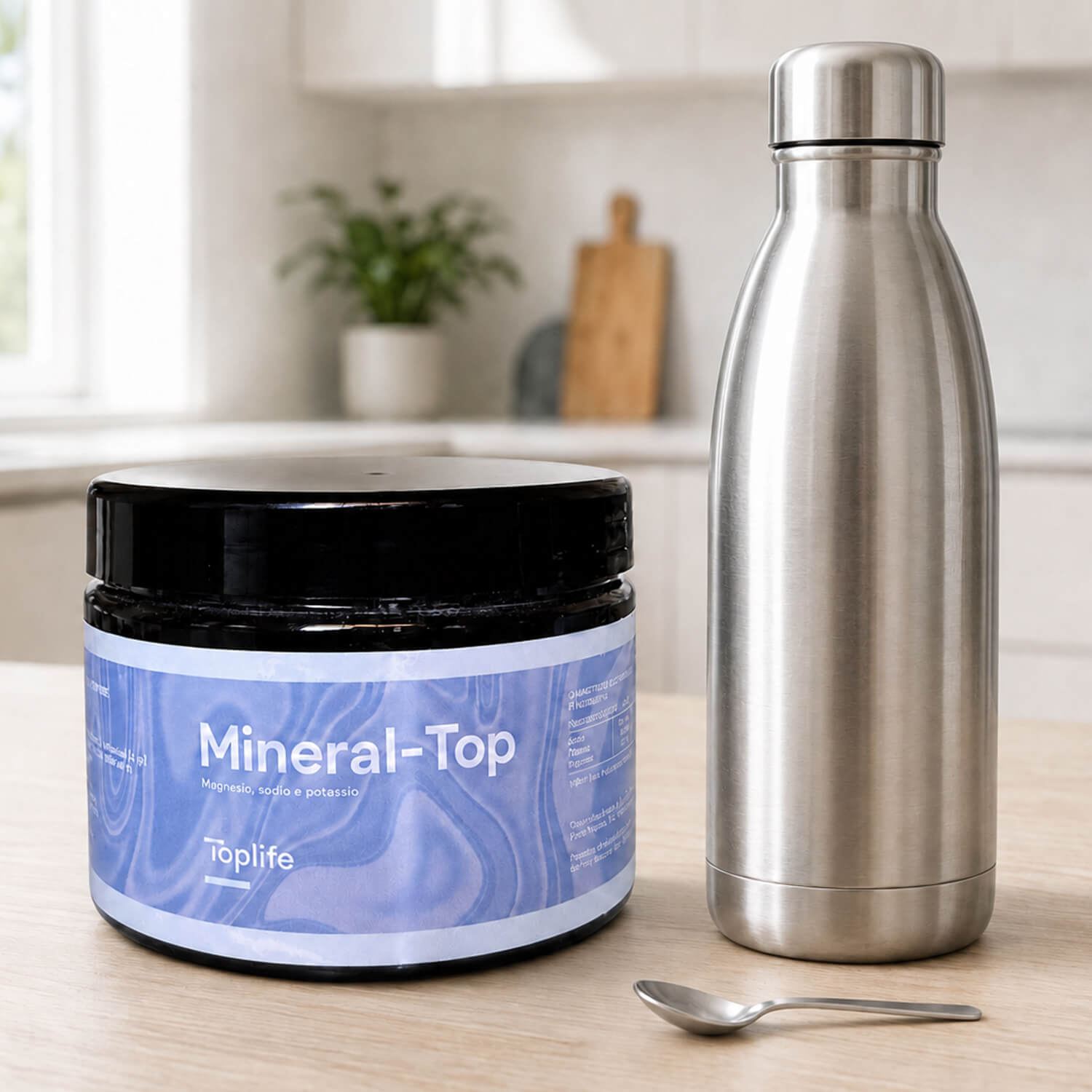 Tub of Mineral-Top supplement on a kitchen counter beside a stainless steel water bottle, with a spoon in the foreground.
