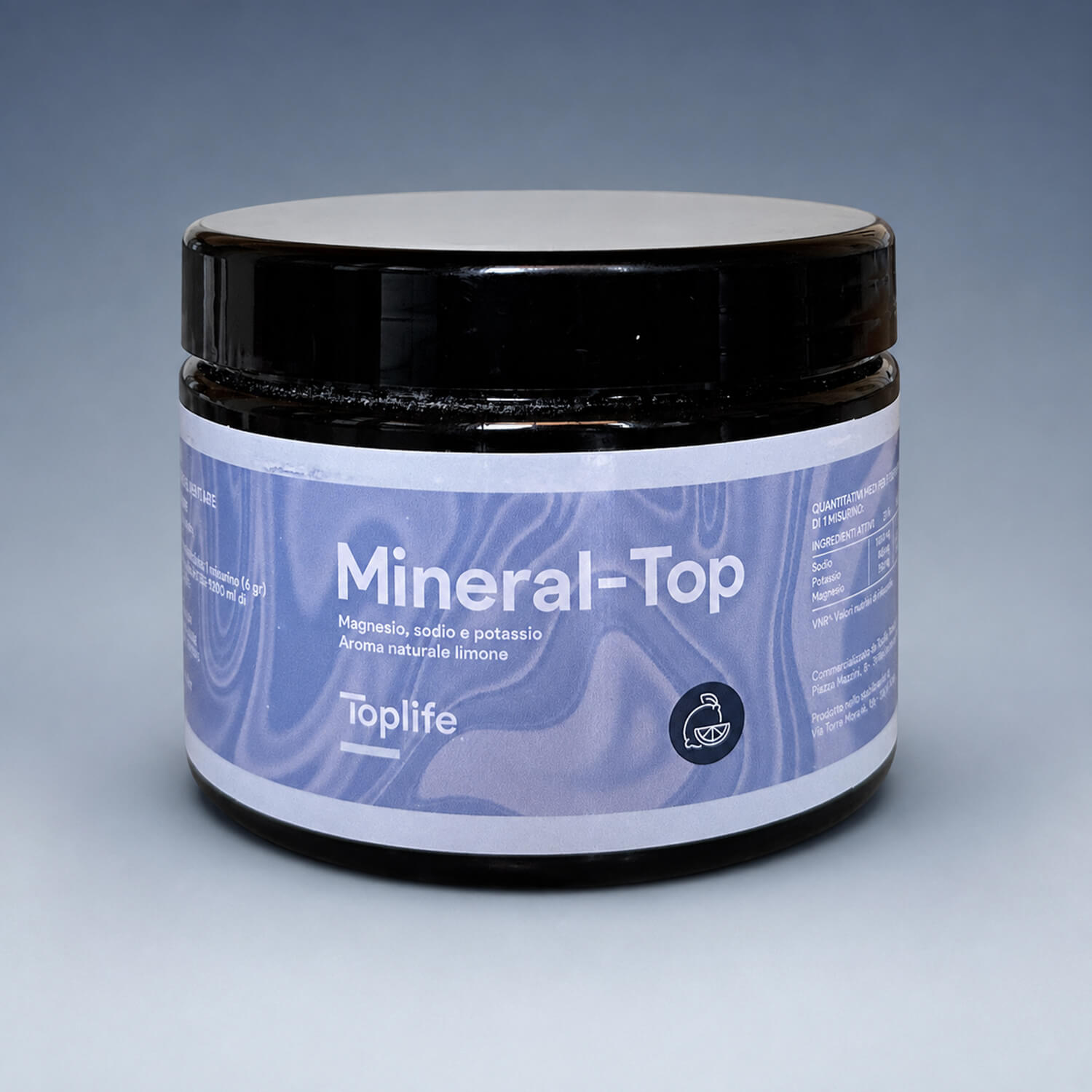 Jar of Mineral-Top supplement with black lid and blue label