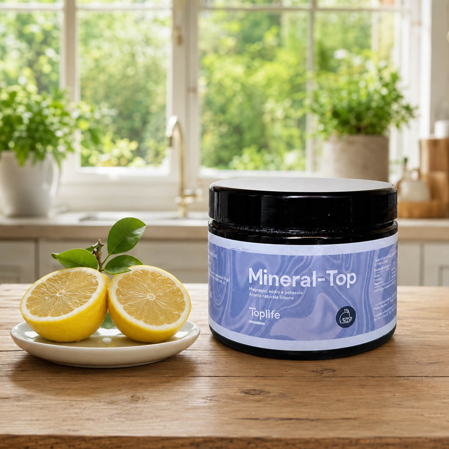 Product shot of a Mineral-Top supplement jar on a wooden table with halved lemons in foreground and a bright kitchen background.