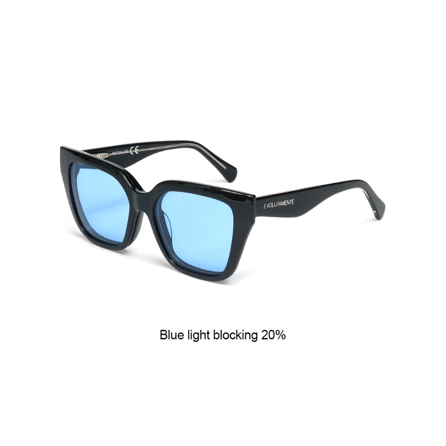 Black square sunglasses with blue-tinted lenses and 'Blue light blocking 20%' label.