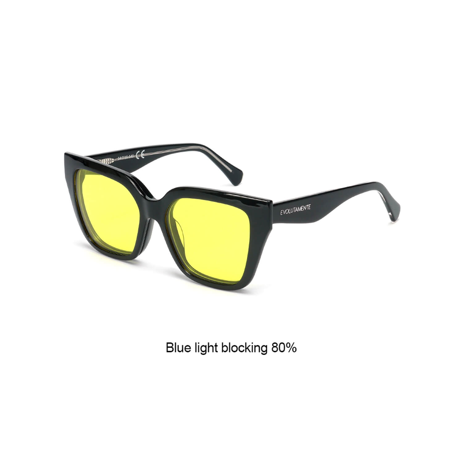 Black square-framed sunglasses with yellow-lensed lenses, marketed as blue-light blocking (80%).