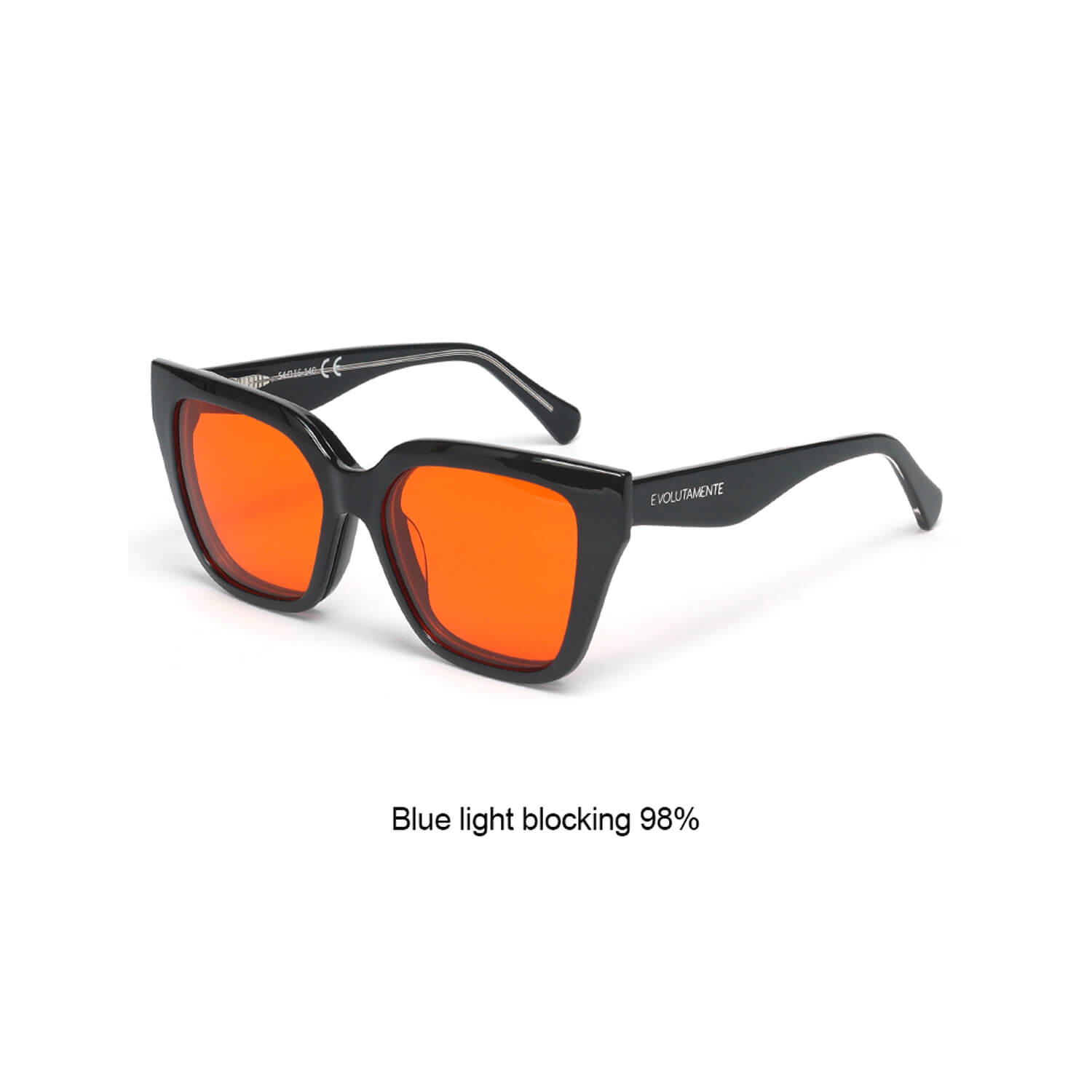 Black plastic sunglasses with orange lenses; caption underneath says 'Blue light blocking 98%'