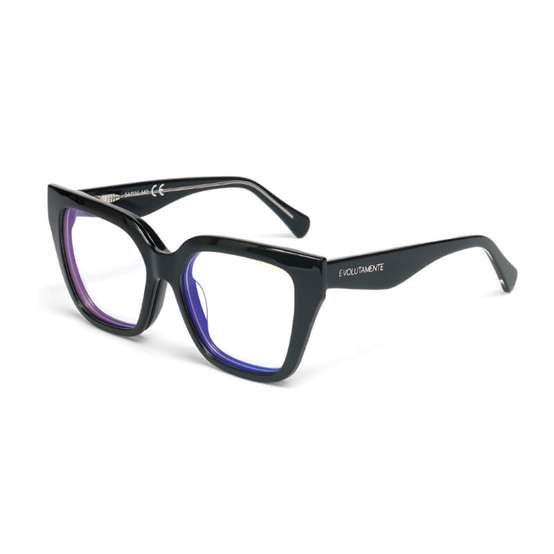 new_trasparenti_rainbow_mariposa_occhiali_blue_blocker_red-therap Black rectangular eyeglasses with purple inner rims and blue-tinted lenses, branded Evolutamente on the temple.