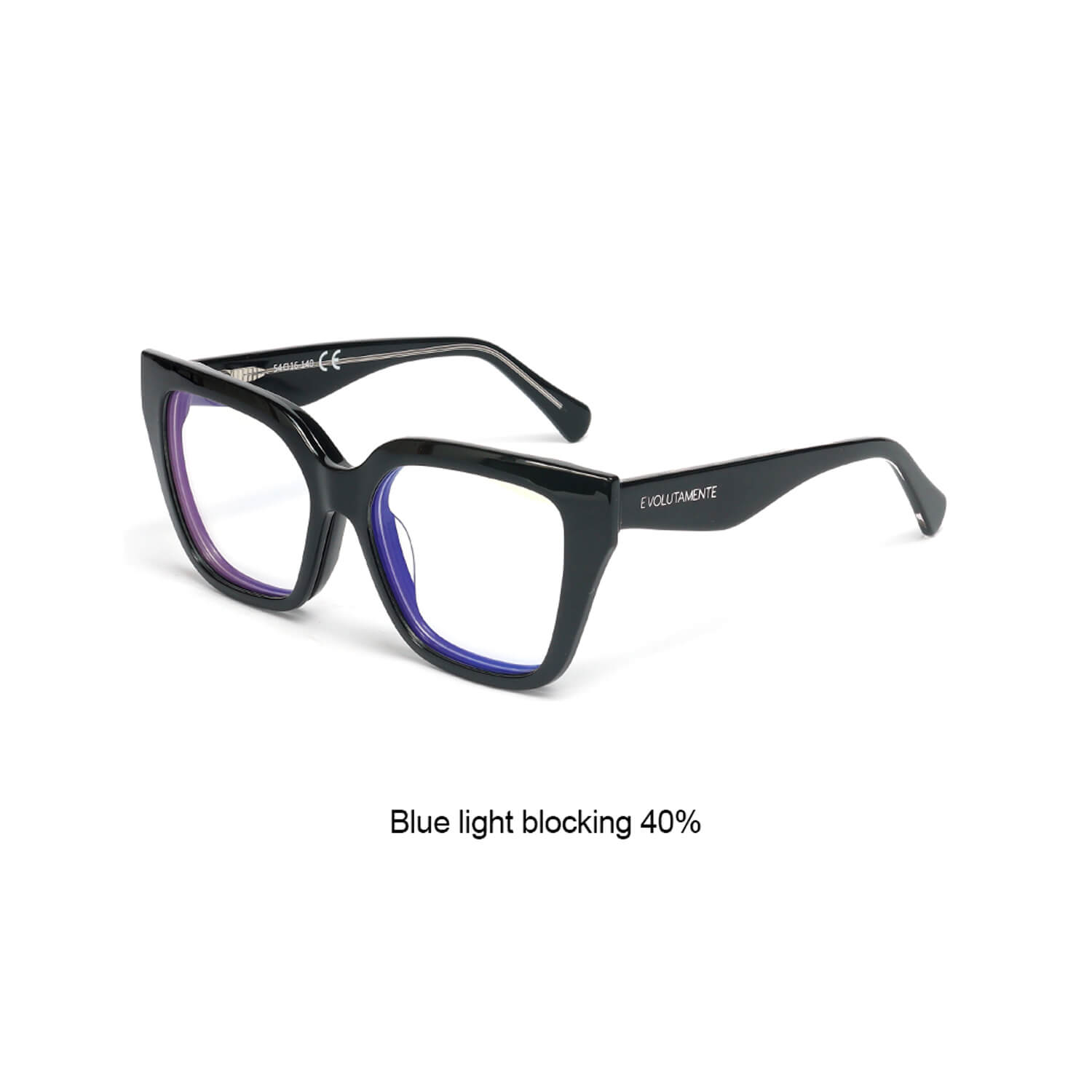 Black plastic eyeglasses with purple inner rim and blue-tinted lenses, highlighting blue light blocking 40%.