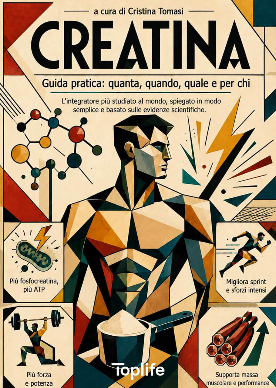 Poster in retro style promoting creatine: bold 'CREATINA' title, geometric muscular man, molecular structure, and Italian captions on health benefits.