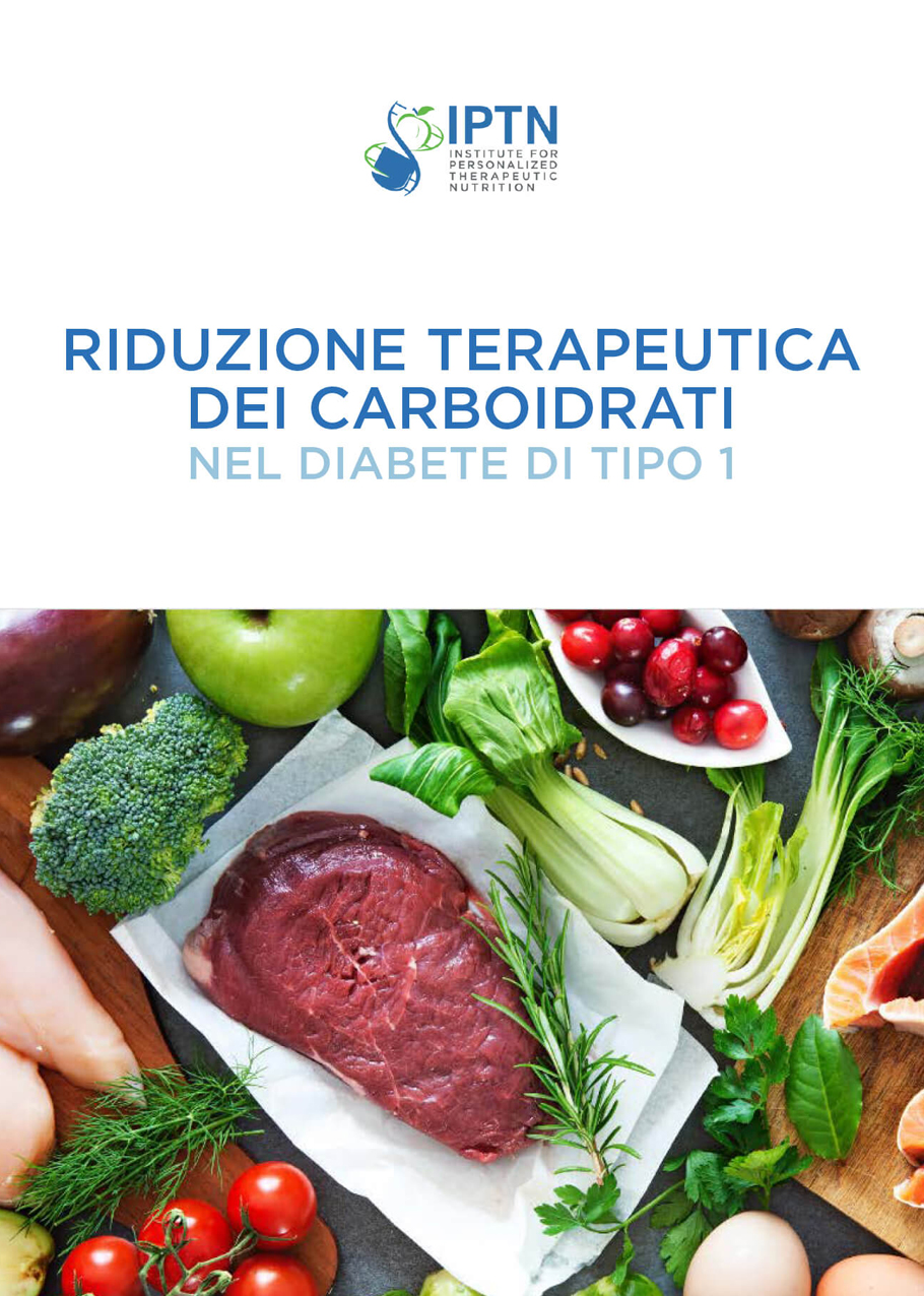 Cover showing the IPTN logo and the Italian title about reducing carbohydrates in type 1 diabetes; foreground features meat and fresh produce.
