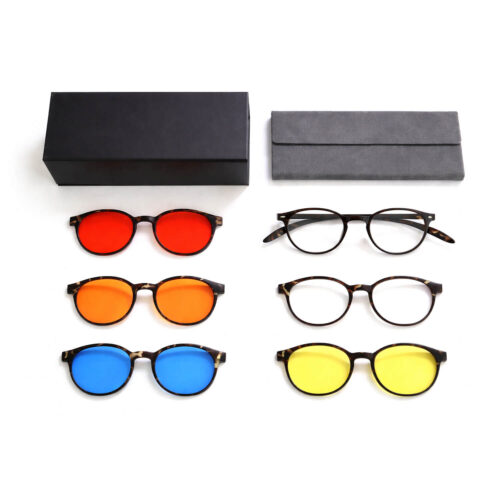 Six pairs of colorful sunglasses arranged in two columns beneath a black box and a gray case.