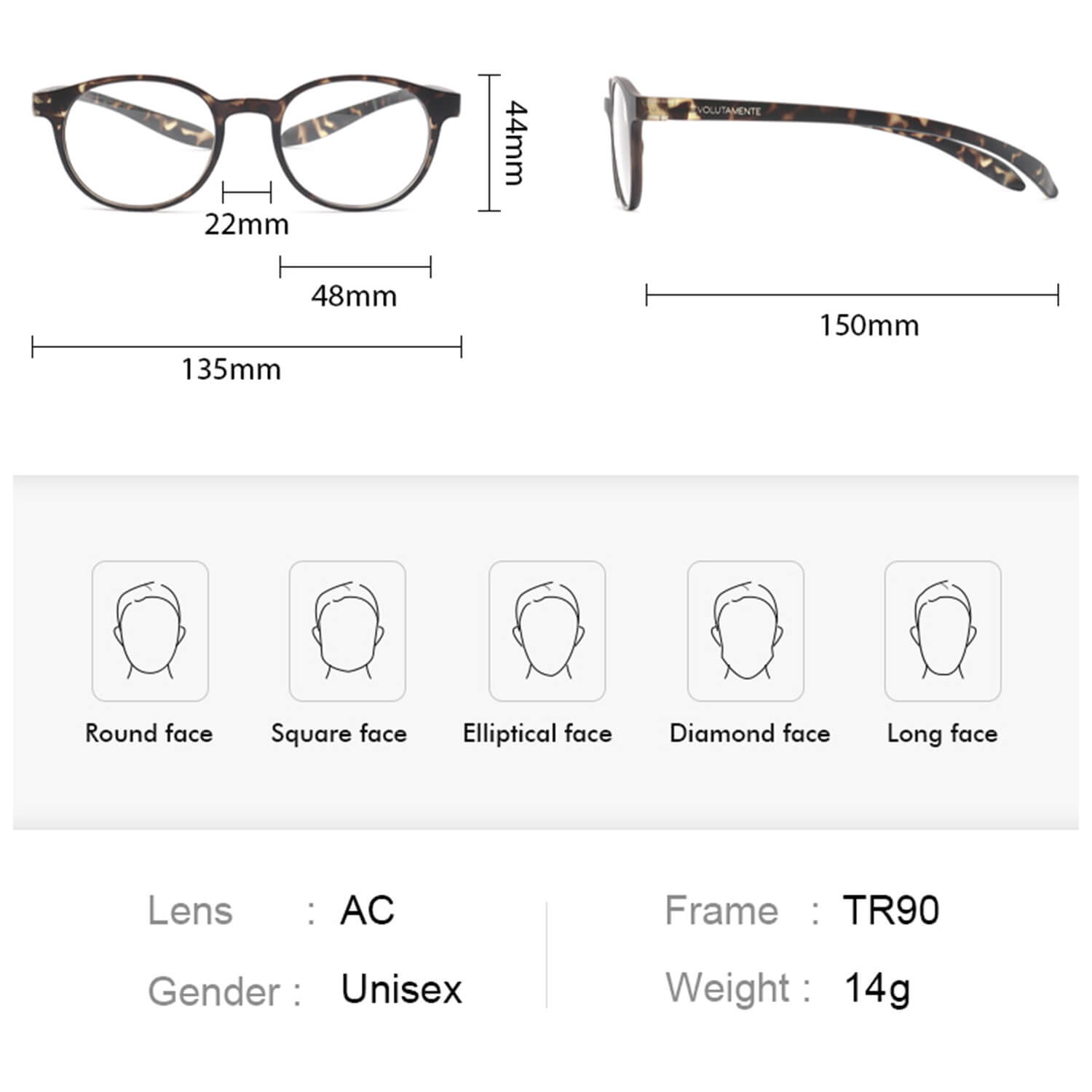 Tortoiseshell eyeglasses with size notes: lens 22mm, height 44mm, total width 135mm and temple 150mm; available face shapes shown (Round, Square, Elliptical, Diamond, Long). Readable product image with specs and options.