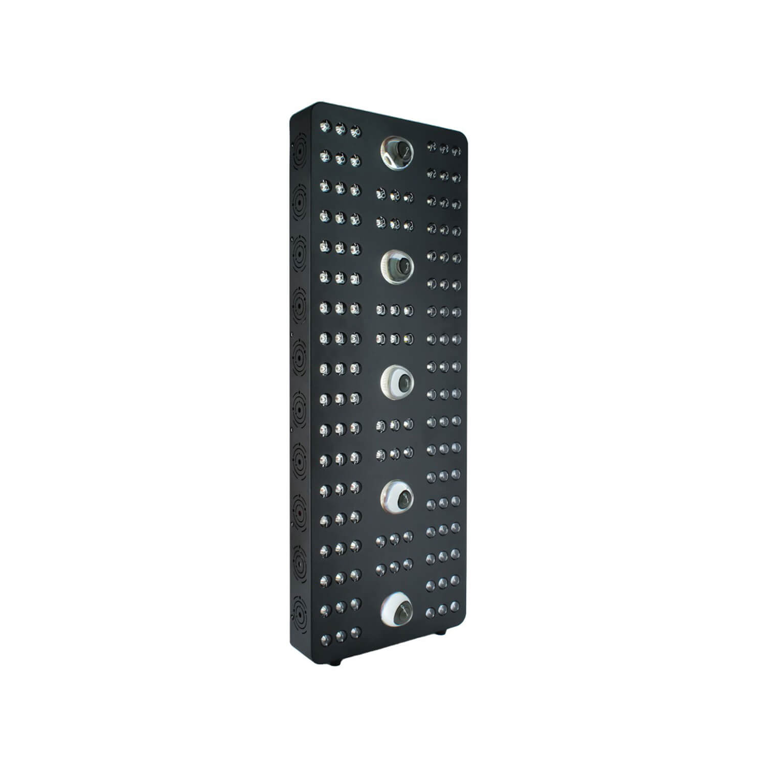 Tall LED display panel with numerous tiny LEDs arranged in a grid and a few larger circular modules embedded along the surface