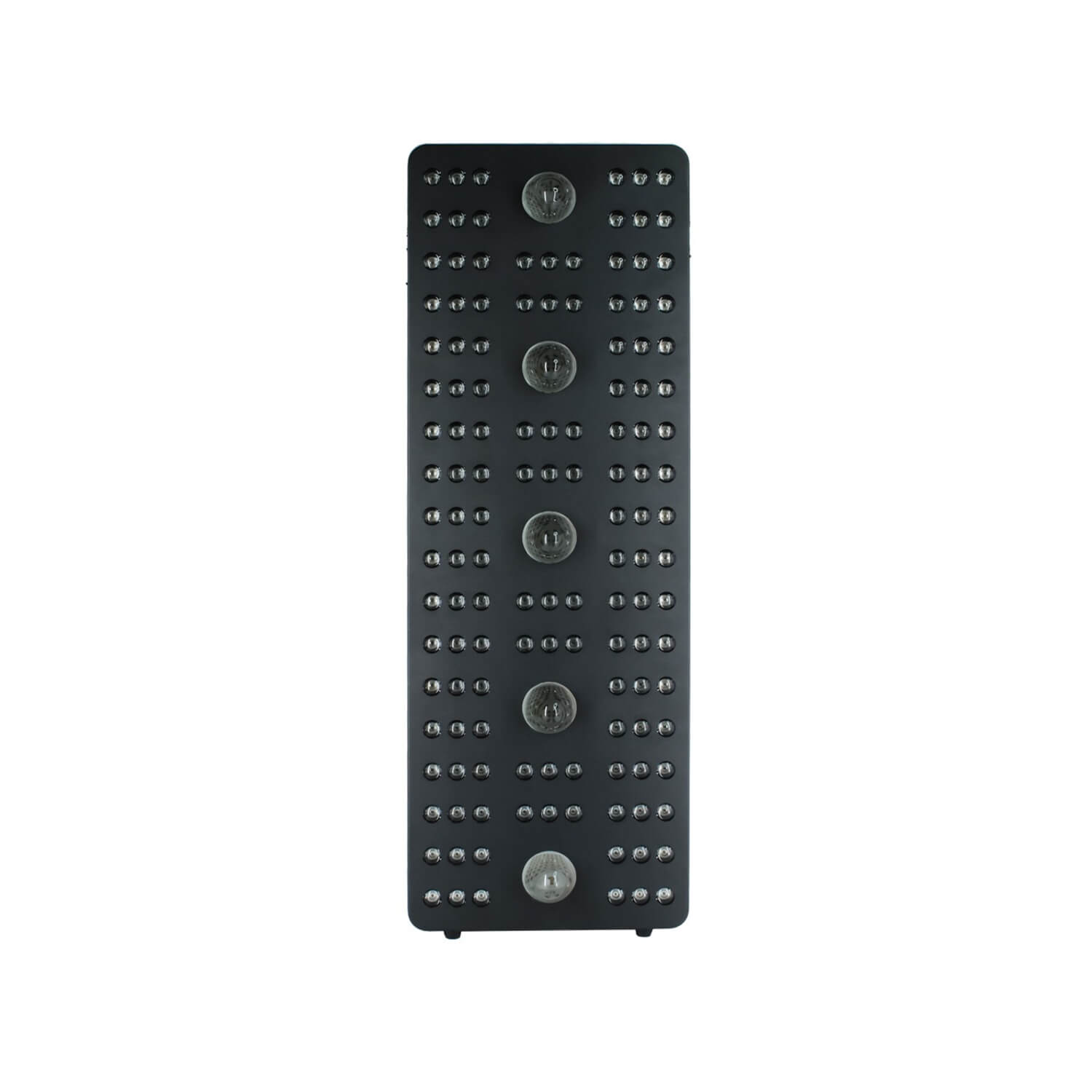 Vertical black LED panel with many small LEDs in a grid and several larger circular control elements along its surface.